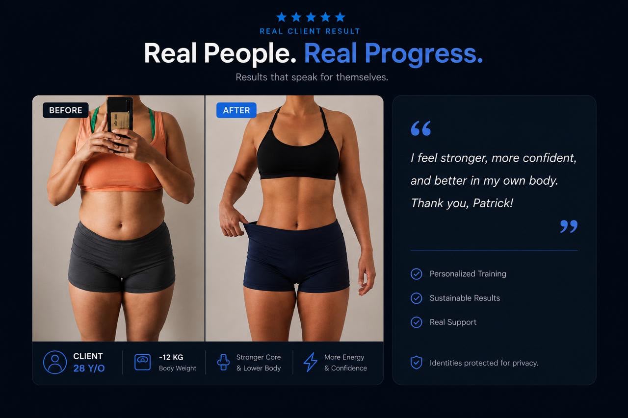 Client transformation showing a 12 kilogram weight loss