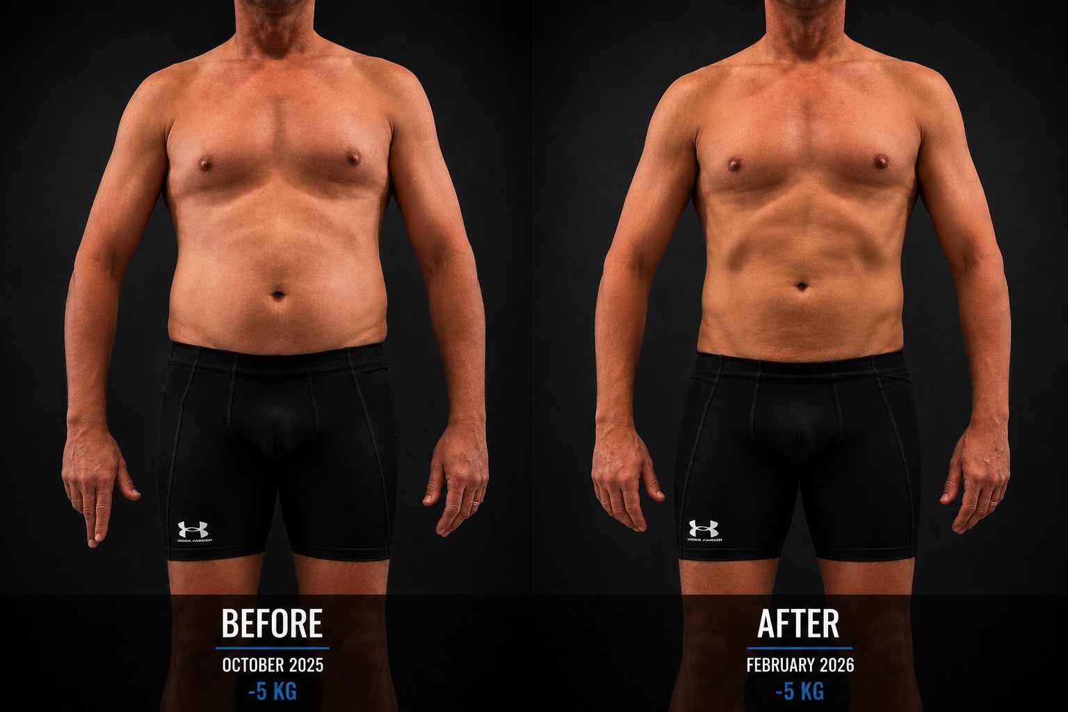 Male before and after transformation showing a 5 kilogram weight loss between October 2025 and February 2026