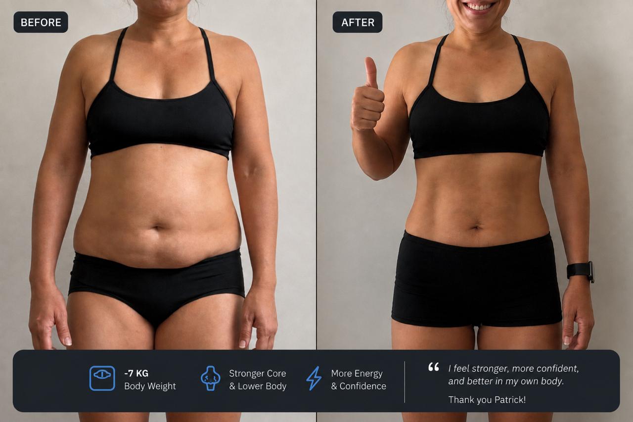 Before and after transformation showing a 7 kilogram weight loss