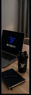Online coaching with laptop, notebook and shaker